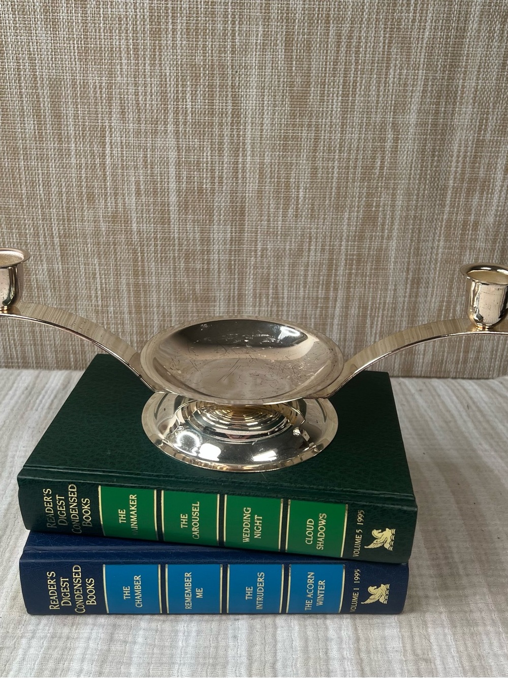 Silver Tone Double-Arm Decorative Candle Holder MCM Style Dual Taper Candle